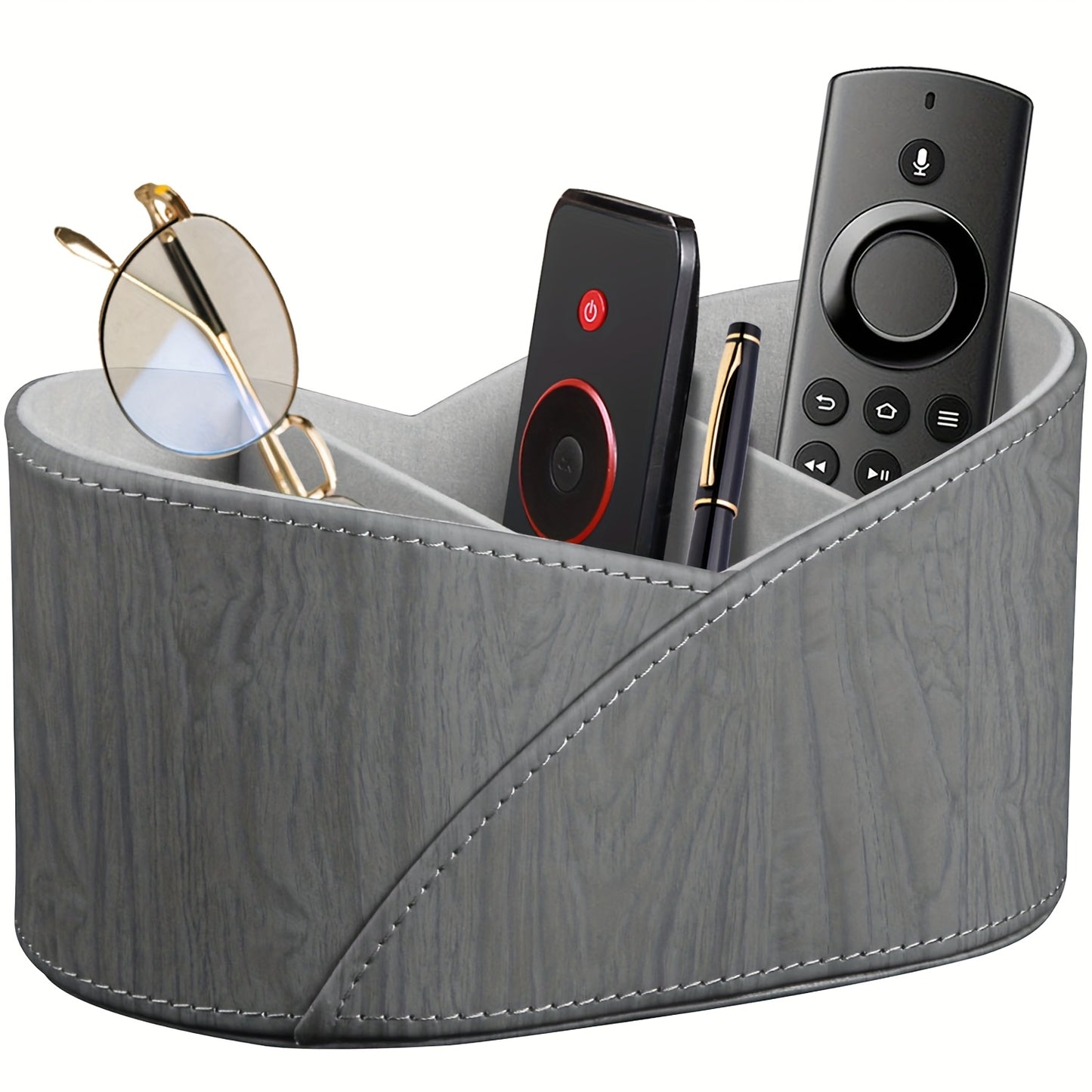 PU Leather Open Storage Box with 3 Compartments, Desktop Remote Control Holder/Makeup Organizer/Versatile Gray Storage Basket for Home Appliance Controllers, Cosmetics, Art Supplies, Stationery, Glasses, Office Supplies and A