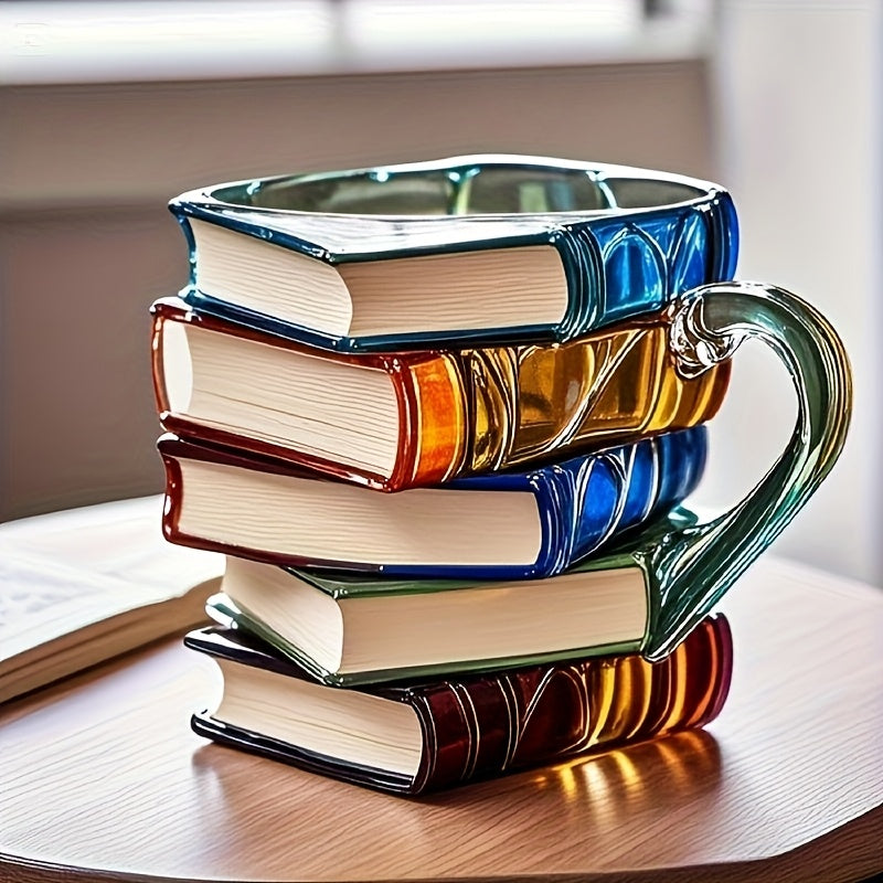 1pc Hand-Painted Book Stack Design Coffee Mug - 7/12oz Stackable Glass Cup with Vibrant Blue, Orange, Red & Yellow Stained Glass Art, Reusable Novelty Gift for Book Lovers, Librarians, Women'S Book Clubs & Literature Enthusia