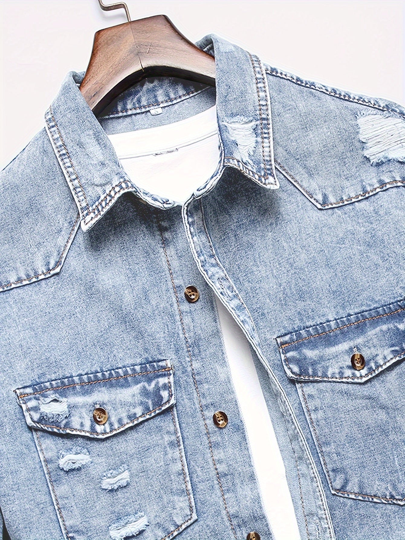 Men's Trendy Ripped Design Casual Button Up Long Sleeve Denim Shirt, Men's Clothes For Spring Summer Autumn, Tops For Men