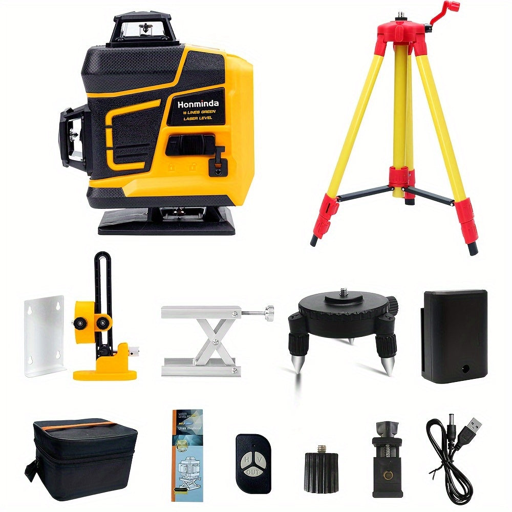 Honminda 16-Line 360° Self-Leveling Laser Level with Green Beam, 4x360° Vertical/Horizontal Cross Lines, Rechargeable Battery & Remote Control, Lifting Base & Tripod Included for Construction, Photography, Videography, Vide