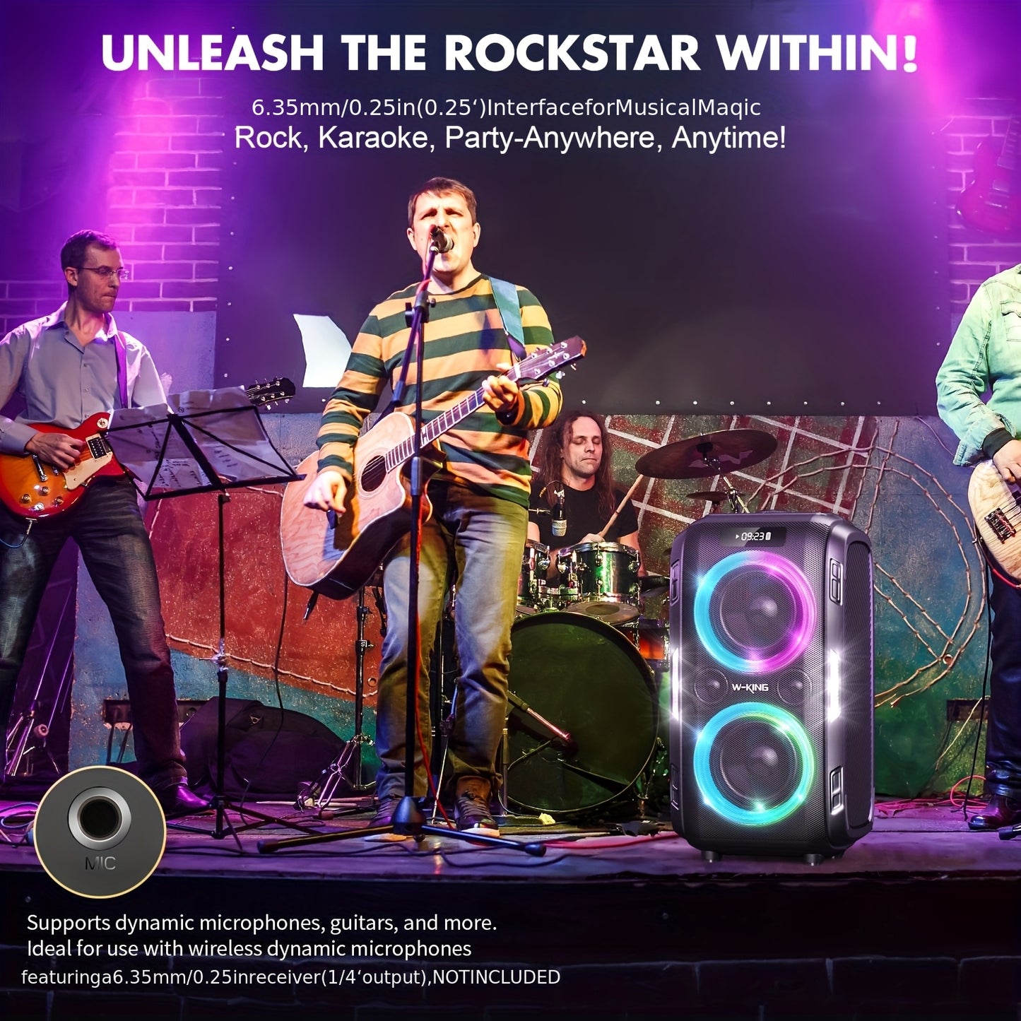 Powerful W-KING 200W peak wireless speaker with massive 120dB soundstage and DSP chip, 12-level bass adjustment, Big Party Boombox portable speaker with super deep bass, dynamic light show, 6.35mm microphone input, TF card sl