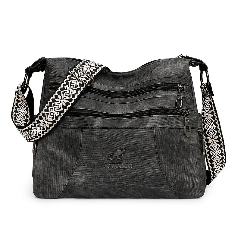 Women'S Retro Bohemian Crossbody Bag with Adjustable Strap - Solid Color Olive Green Tote Handbag, Large Capacity for Everyday Use, Golden-Tone Hardware & Zipper Closure, Purse Crossbody