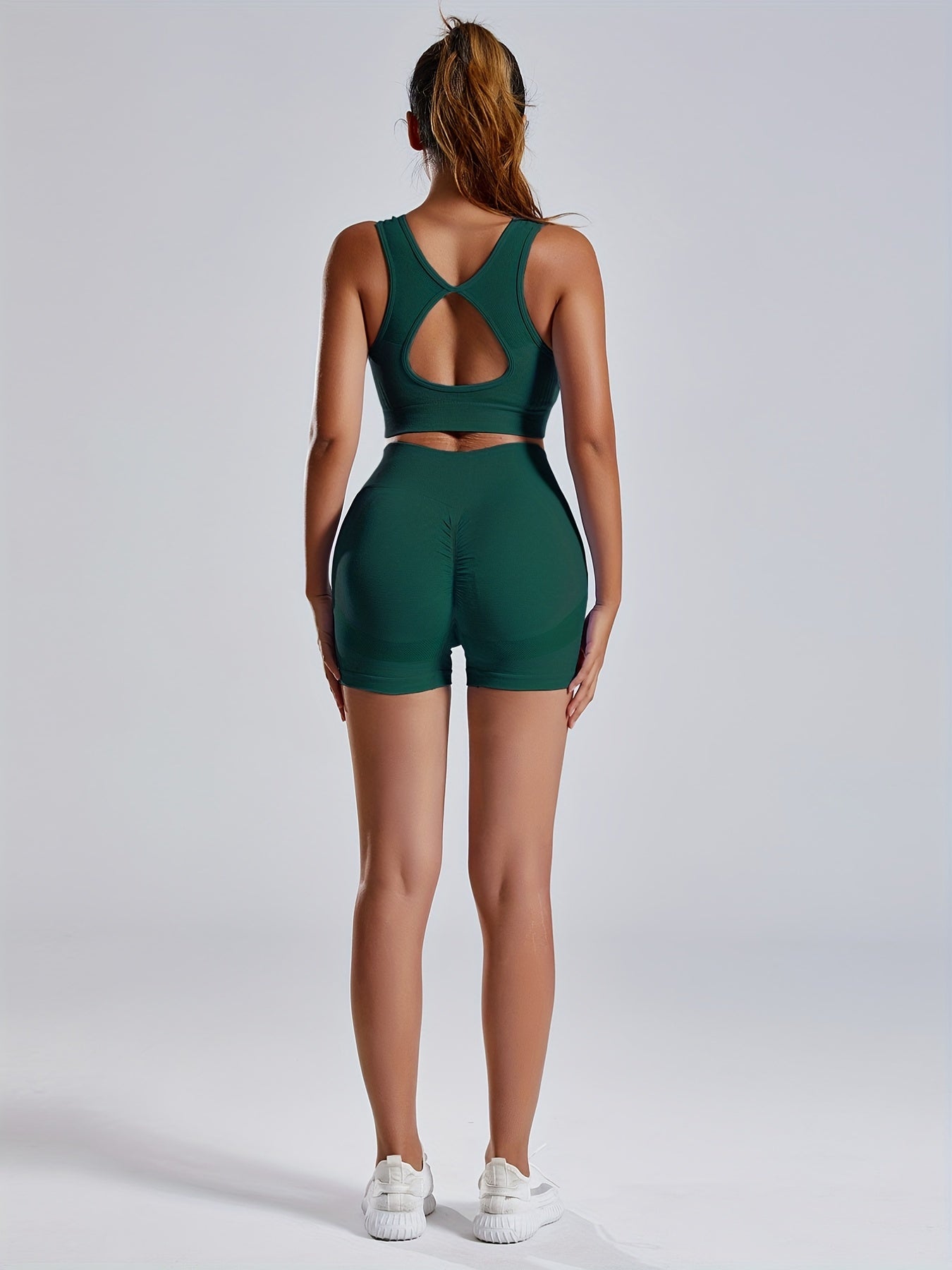 Women'S Seamless Sports Yoga Set, Summer New High Stretch Knit Fabric, Solid Color Polyamide 90% Elastane 10%, Short Length Fitness Gym Wear with Backless Bra and Butt Lifting Yoga Pants