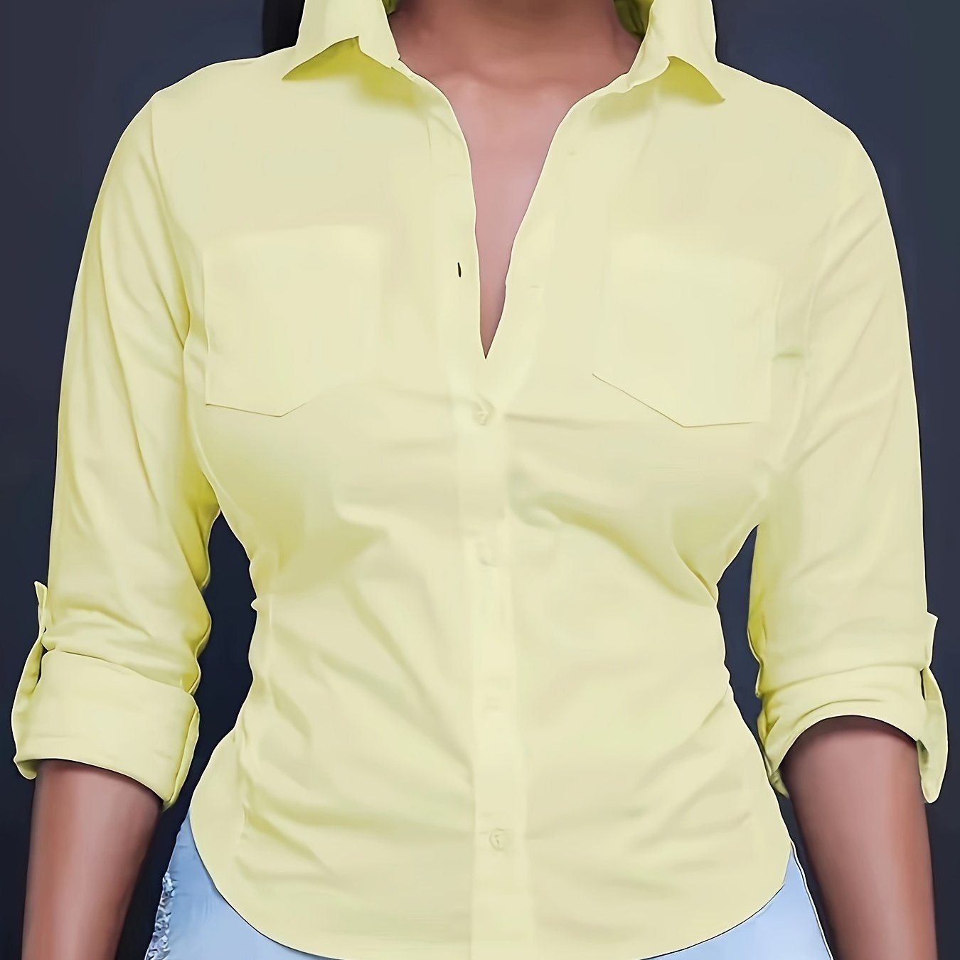Solid Color Button Front Shirt, Casual Long Sleeve Pocket Shirt For Spring & Fall, Women's Clothing