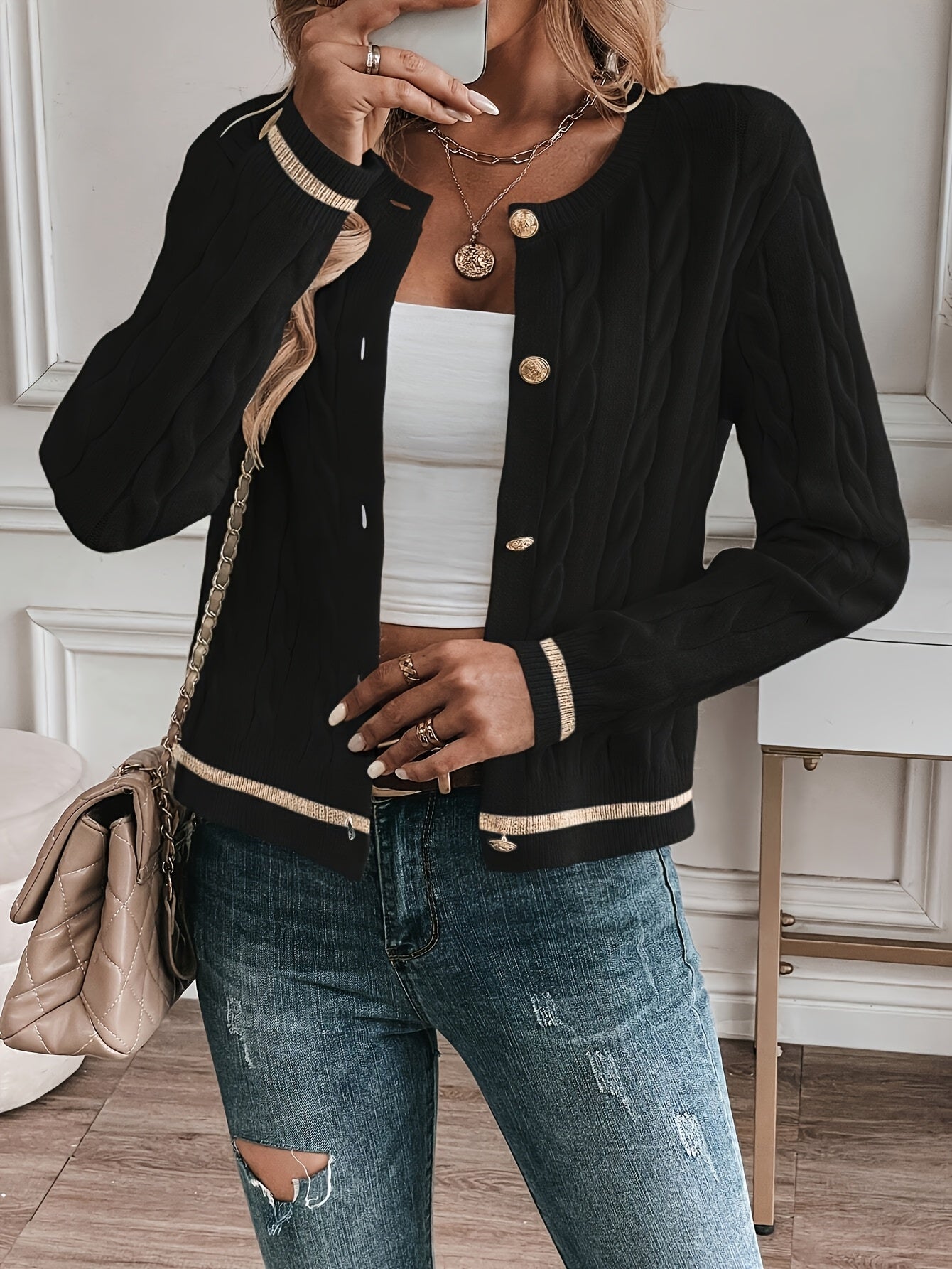 Women's Elegant Solid Color Long Sleeve Cardigan - Open Front Button Placket, Machine Washable Non-Stretch Sweater for Spring Summer Fall, Casual to Semi-Formal Wear, Ladies Sweaters, Seasonal Layering Piece, Buttoned Knitwea