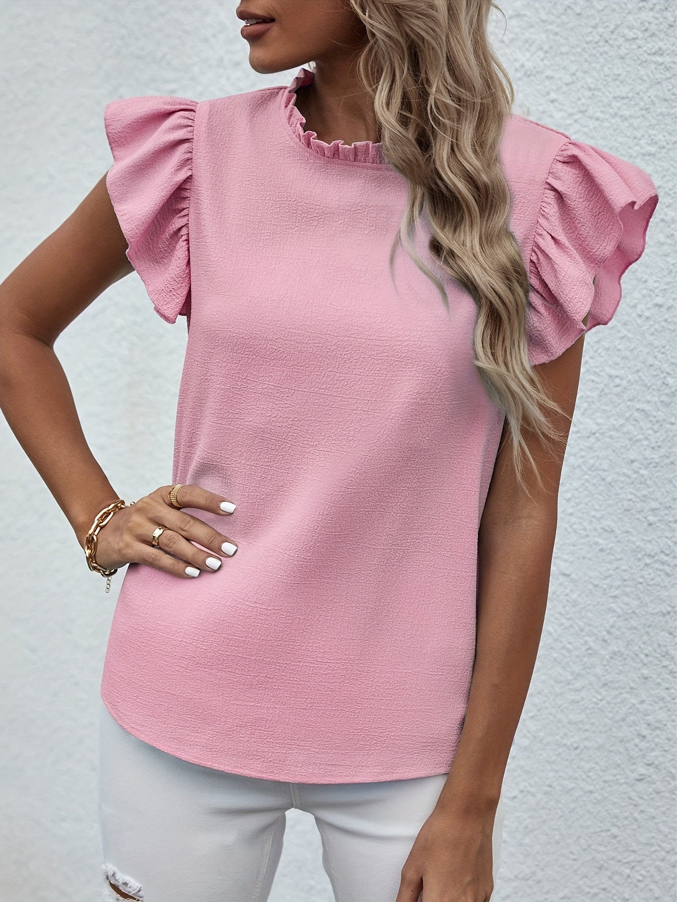 Ruffle Trim Round Neck Blouse, Casual Flutter Sleeve Blouse For Spring & Summer, Women's Clothing Wedding holiday vacation