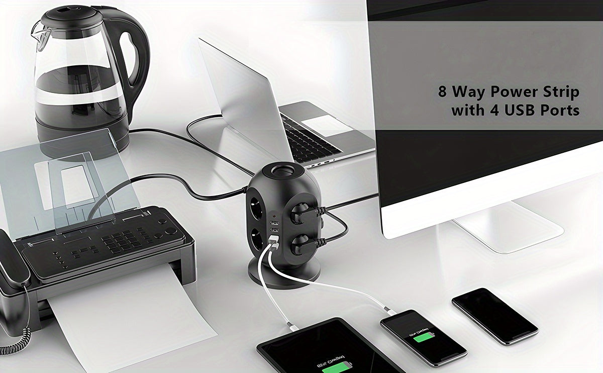 12-way power strip with 4 USB, multi-socket tower, 1.8m extension cable, power strip with double for Switch, desktop socket tower surge protection for garden, office, kitchen