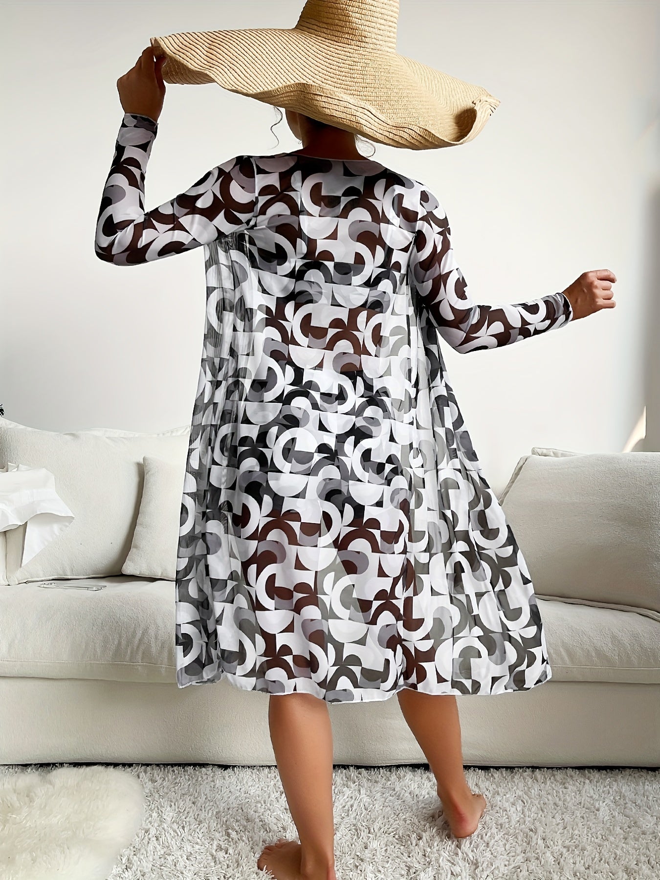 3-piece Geometrical Print Drawstring Bikini Sets, Boxer Short High Rise Bathing Suit, With Long Sleeve Sheer Cover Up Kimono Shirt, Women's Denim & Clothing