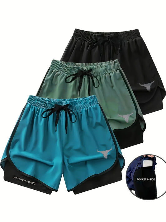 3pcs Men'S Sports & Casual Running Shorts - Stretchy, Breathable, Quick-Dry, Anti-Glare with Pockets, Solid Colors (Black, Green, Teal), Drawstring Waist, Polyester Fabric, Perfect for Fitness & Outdoor Activities, Workout Sh