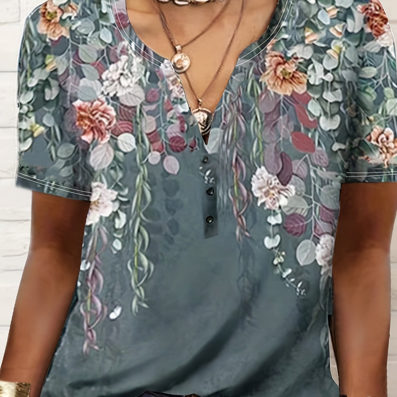 Floral Print Button Front T-Shirt, Casual Short Sleeve T-Shirt For Spring & Summer, Women's Clothing