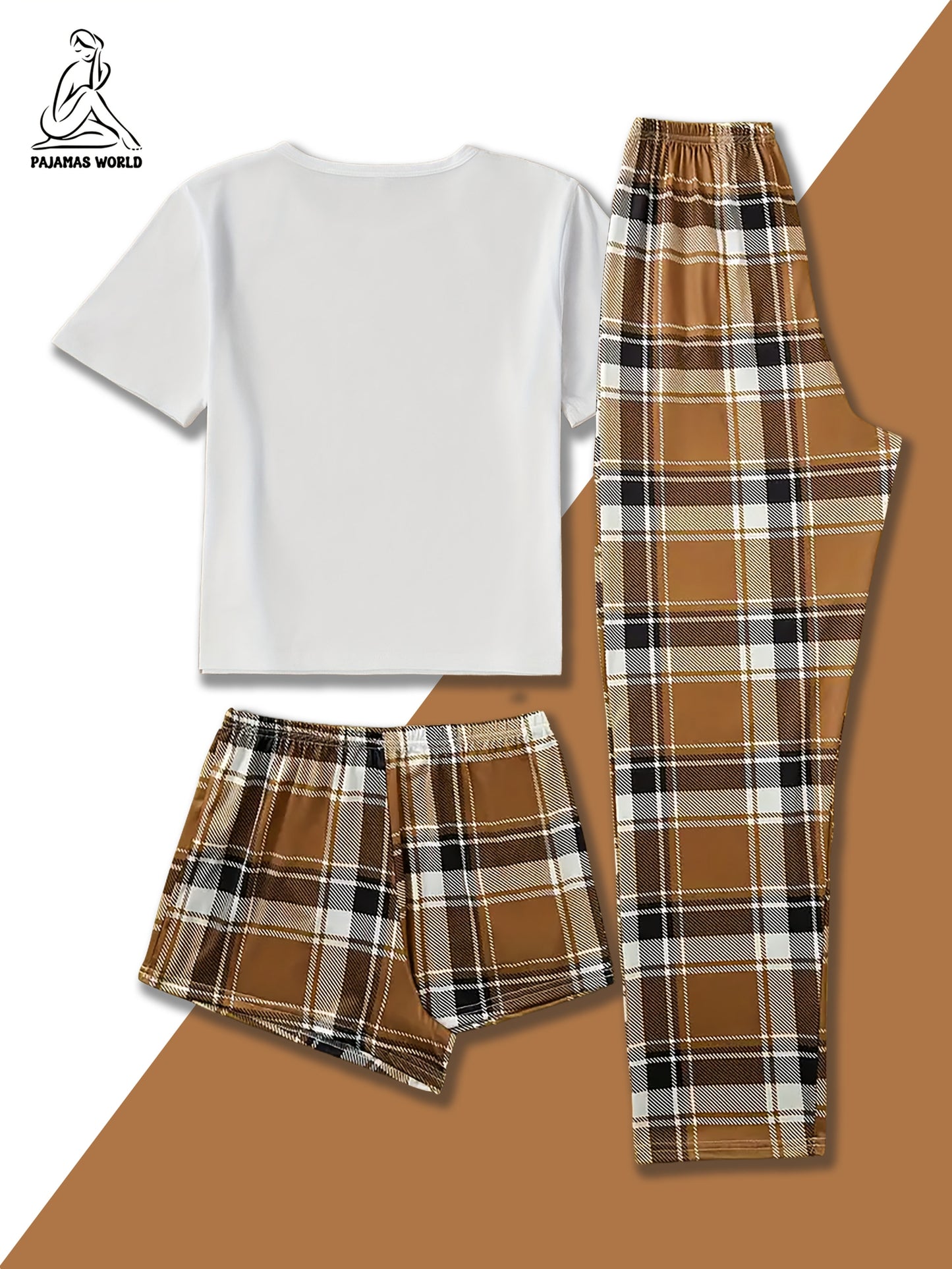 Women'S Casual Cartoon Bear & Plaid Pajama Set - Soft, Loose-Fit Short Sleeve Top with Elastic Waistband, Long Pants & Shorts, Cozy Fall/Winter Sleepwear