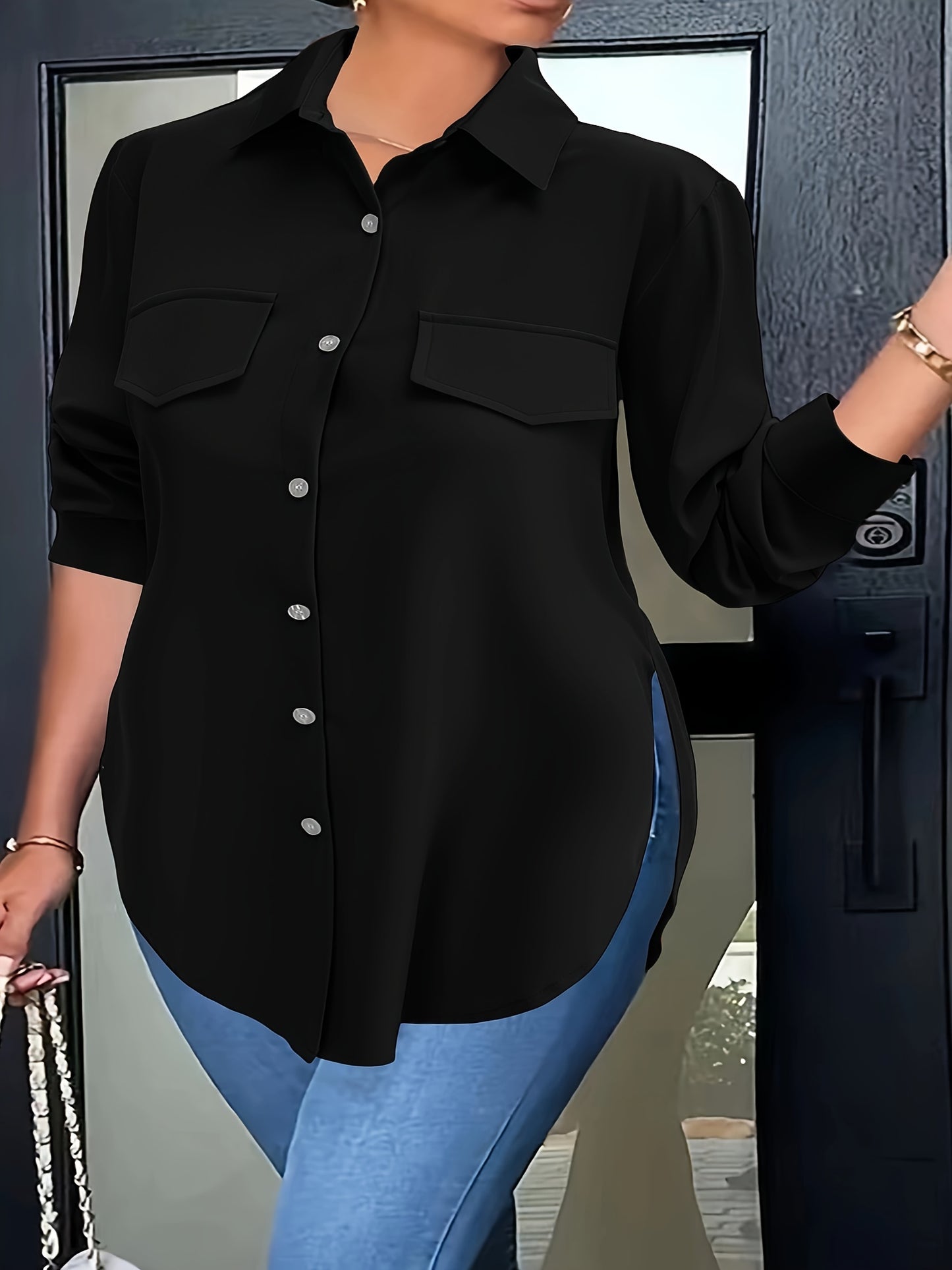 Plus Size Curved Hem Blouse, Casual Button Front Collared Blouse For Spring, Women's Plus Size Clothing