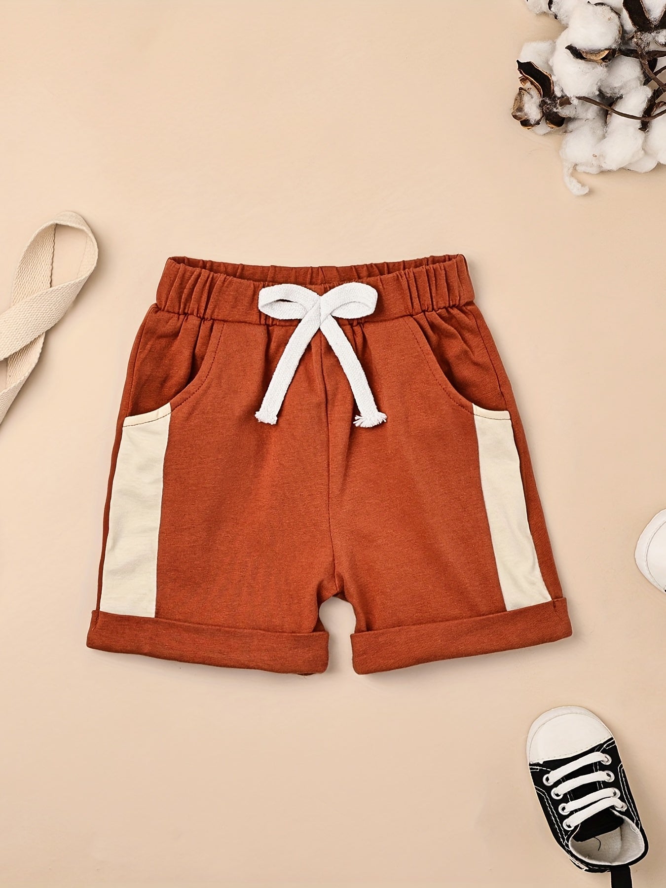2pcs Baby Boys Summer Outfit Set - Cotton & Polyester Crew Neck T-Shirt with Stripes & Patch Detail, Short Sleeve, Drop Shoulder, Knit Fabric, with Matching Shorts with Belt & Fake Drawstring - Regular Fit, for Outdoor