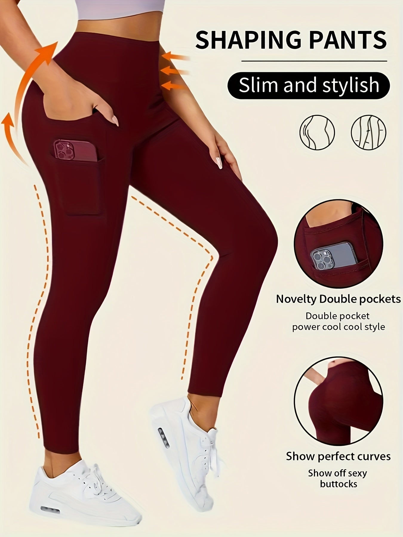 Women's High-Waisted Pants - Non-See-Through Stretchy Leggings with Fit, All-Season & Casual Pants for,, Casual Attire - Burgundy Bottoms, Trousers, Sleek Design, Supportive Waistband, Versatile, Enthusiasts