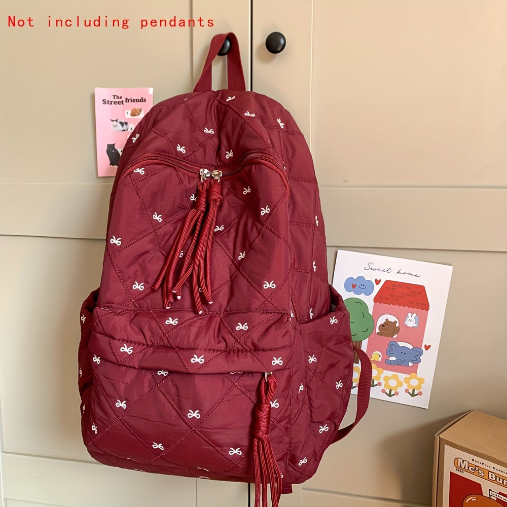 HUOHUO Large Capacity Backpack - Stylish Red & White Quilted Design with Star & Bow Accents, Adjustable Straps, Multiple Compartments, Perfect for School, Commuting, and Everyday Use, Backpack for School, Commuter Bag, Playfu