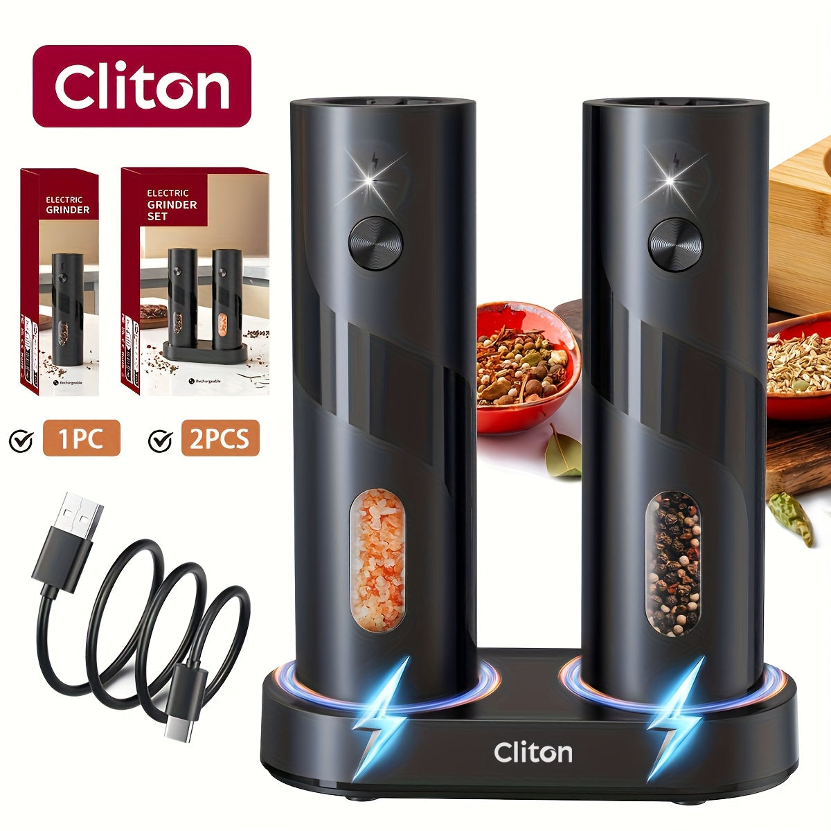 1pc or 2pcs Rechargeable Electric Salt & Pepper Grinder with LED Light - Automatic Salt & Pepper Mills, USB Charging, Adjustable Coarseness, 110ml Large Capacity, Ideal for Kitchen & Dining Use, Kitchen Spice Mill | Modern Ki