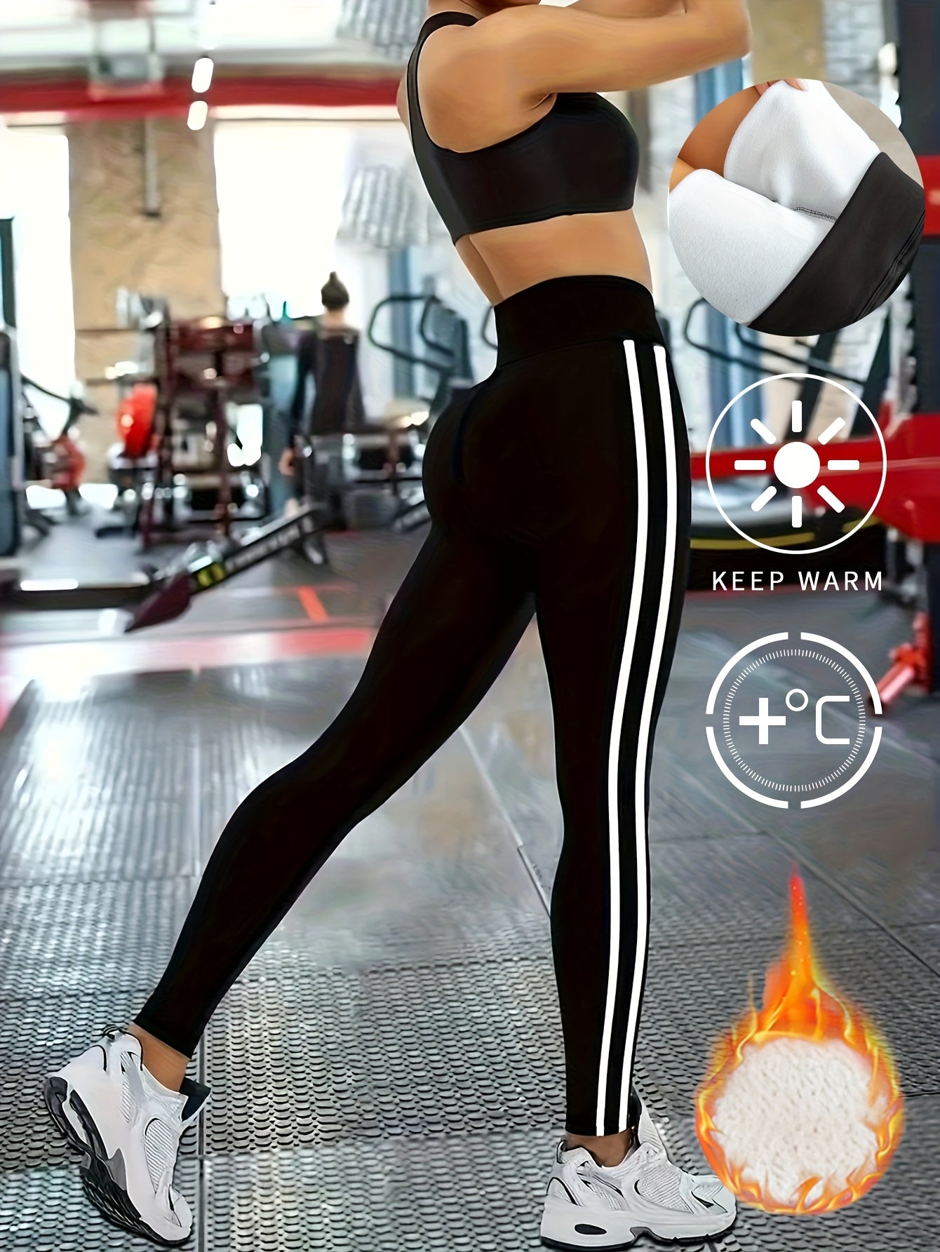 Women's High-Waisted Fleece-Lined Thermal Leggings - Winter Warmth, Seamless Full-Length Side Stripe Athletic Leggings with Soft Lining, Gym & Outdoor Pants for Gym,W Yoga - Machine Washable, Solid Black & White Stripe Design