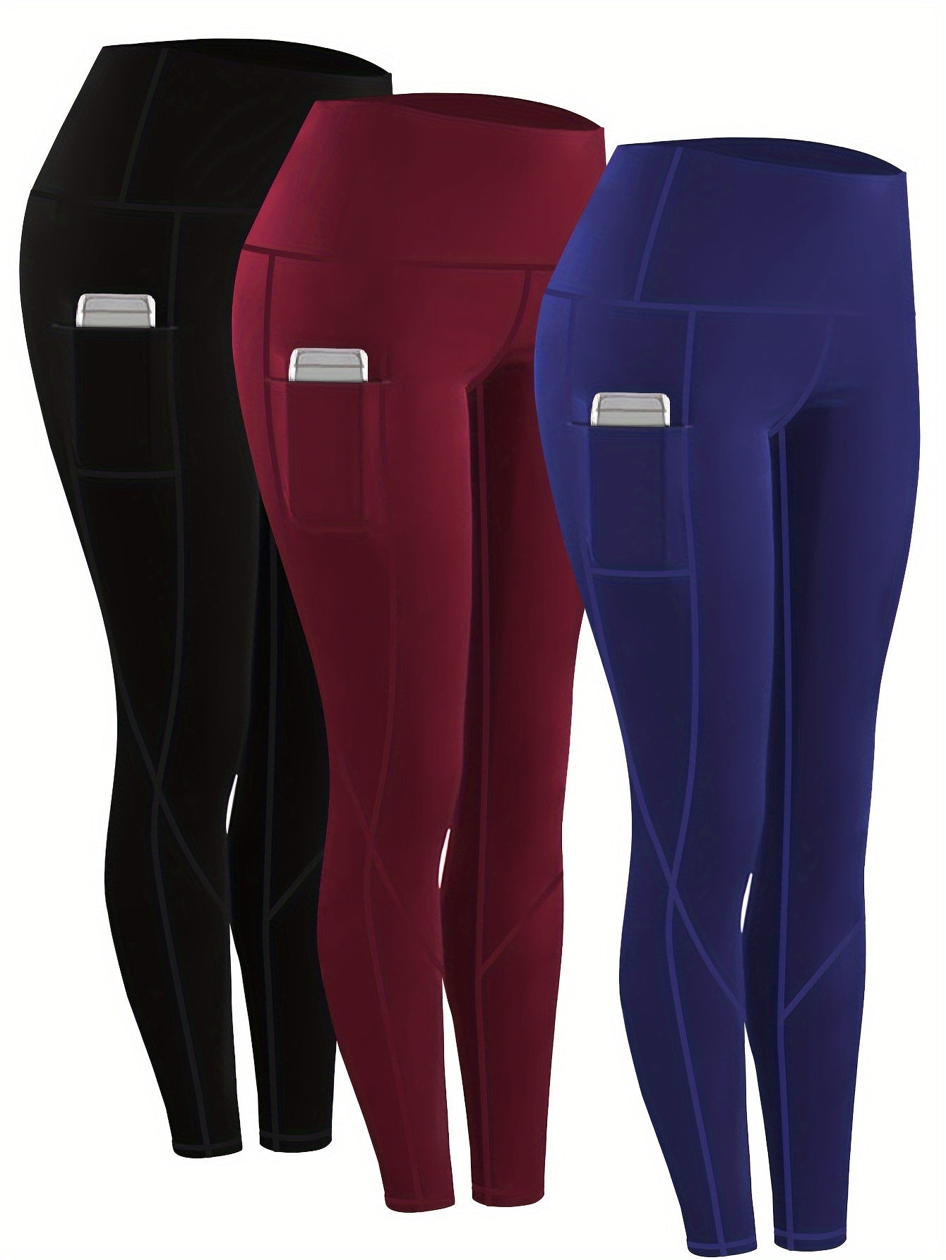 3pcs Set Women'S Plus Size Daily Sports Yoga Leggings, Geometric Pattern, High Stretch Spandex, Breathable, with Two Side Pockets, for Running, Workout