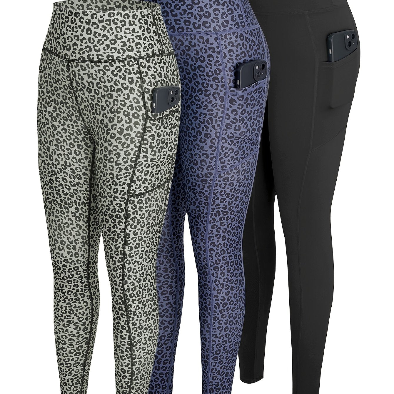 3-Pack Women'S High-Waisted Yoga Pants with Side Pockets - Non-Slip Grip, Stretchy Workout Leggings for Gym, Running, Everyday - All-Season Fitness Pants in Black/Gray/ - Ideal for Yoga, Pilates, Casual Attire, Yoga Leggings,