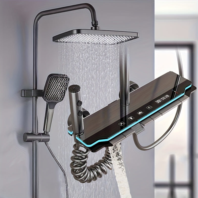 Luxury Gun Gray Shower Head Set, Piano Key Ambient Light, High Pressure Rainfall System, 4-in-1 Bathroom Accessories Kit, Digital Shower Head, Ideal Gift for Home Bathroom Decor, Perfect for Easter and Ramadan