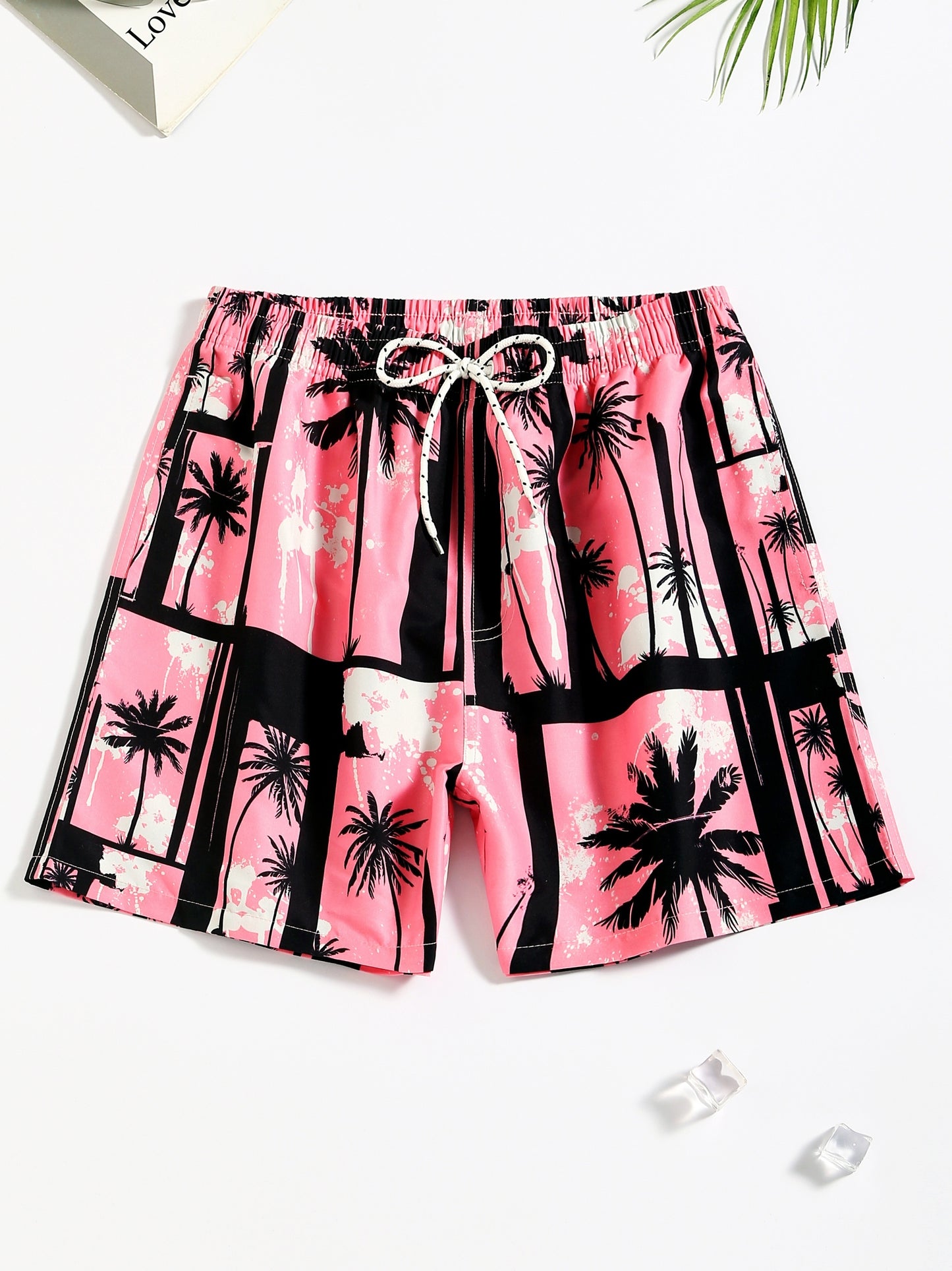 Men's Quick Dry Hawaiian Board Shorts With Pockets, Casual Coconut Tree Graphic Drawstring Swim Trunks For Summer Vacation Beach Pool Outdoor