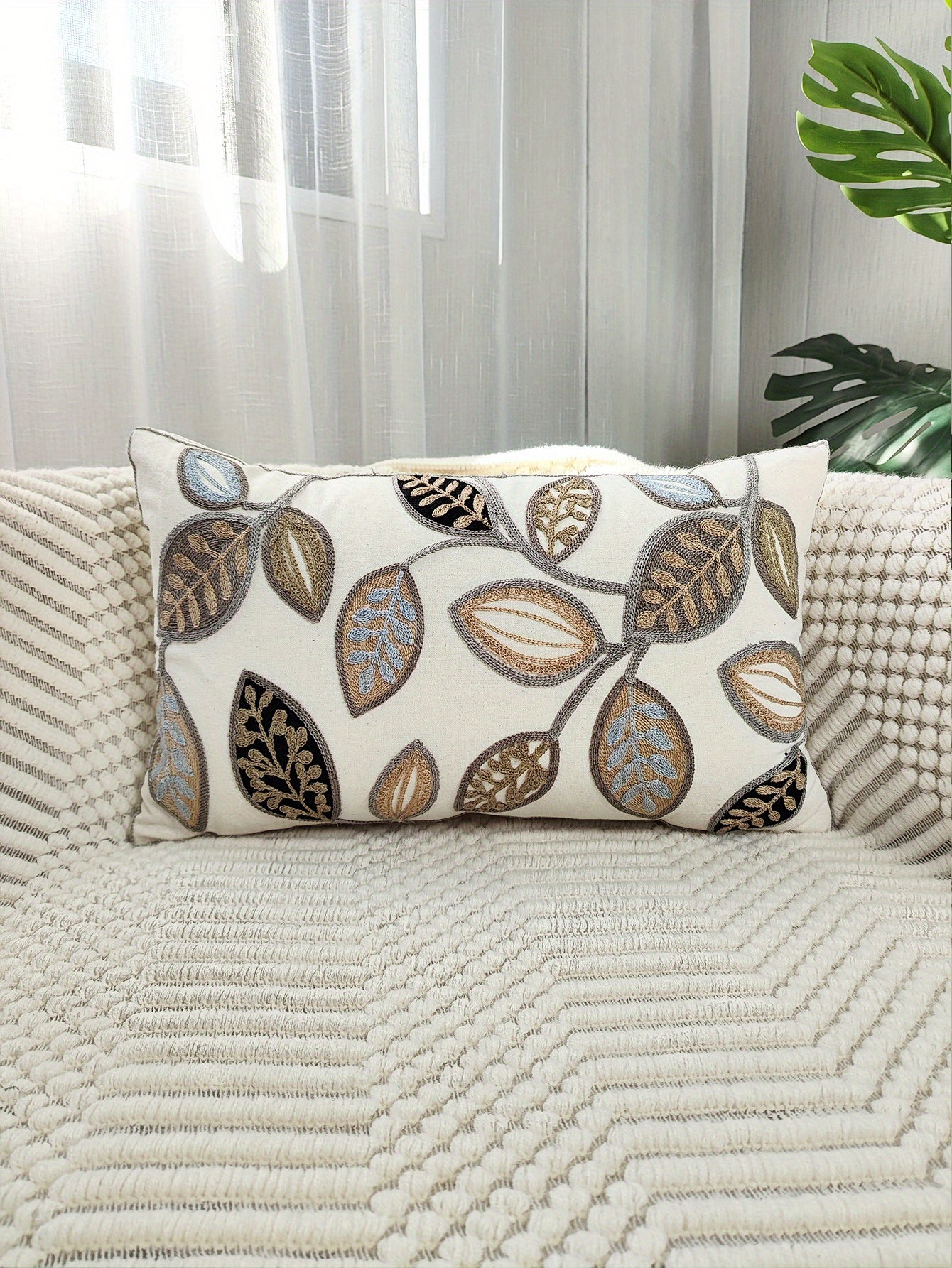 1pc Leaf Embroidered Decorative Throw Pillow Case, Canvas Cushion Cover For Living Room, Home Decor