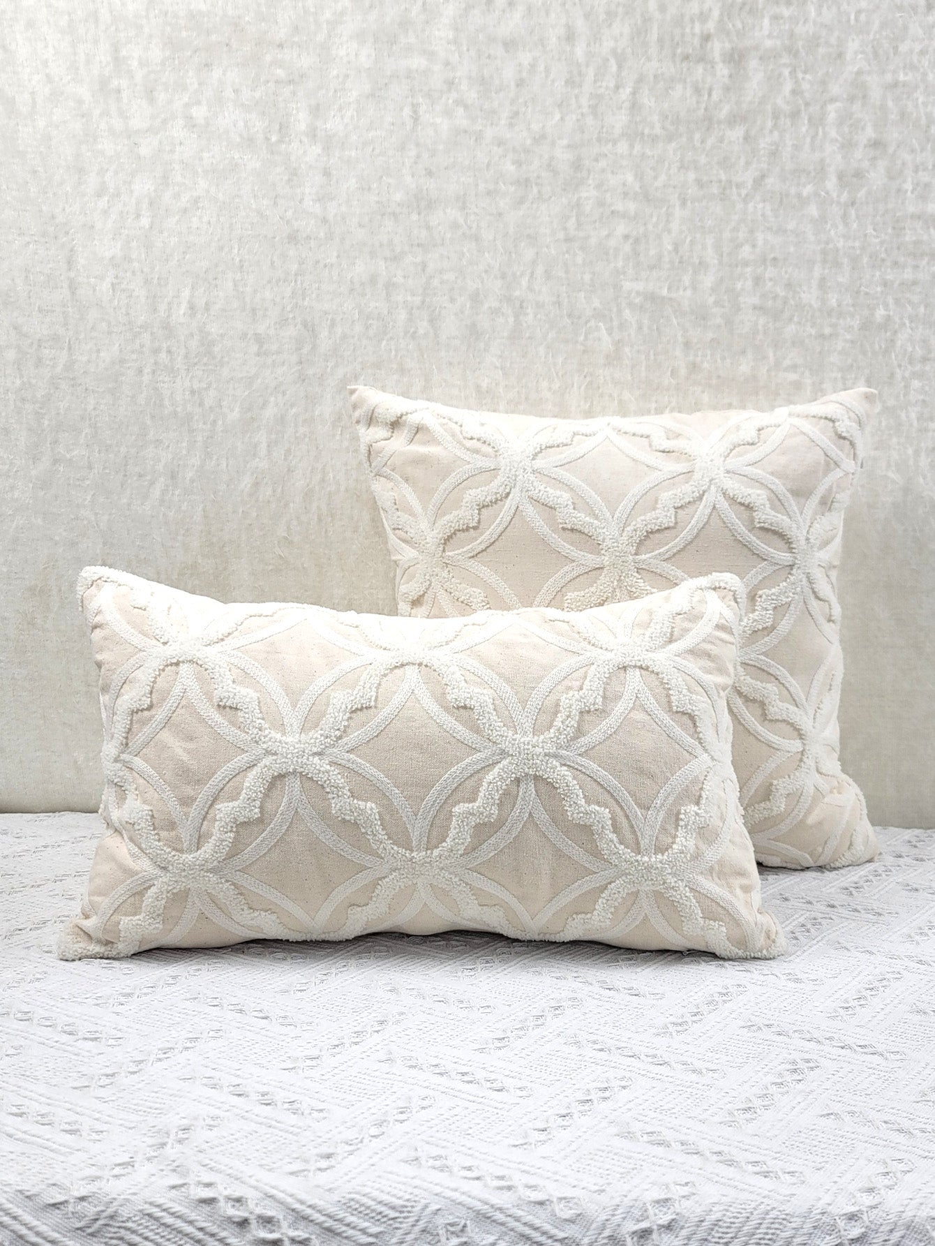 1pc Geometric Pattern Towel Embroidery Cushion Cover, Beige Base Fabric with White Embroidery