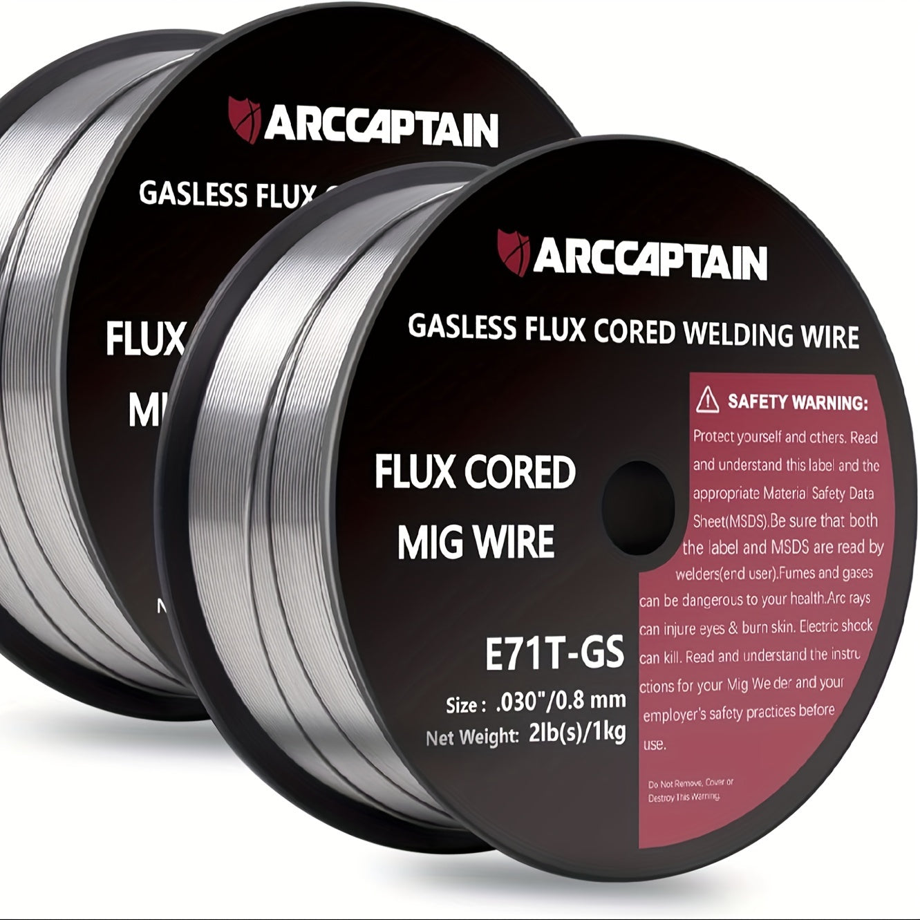 2-pack ARCCAPTAIN Flux Core 0.8 Mm 2 Kg E71T-GS MIG Welding Wire For Gasless Welding Machines MIG/MAG Flux Wire, Tested, D100 Wire Coil With 20 Mm Mandrel