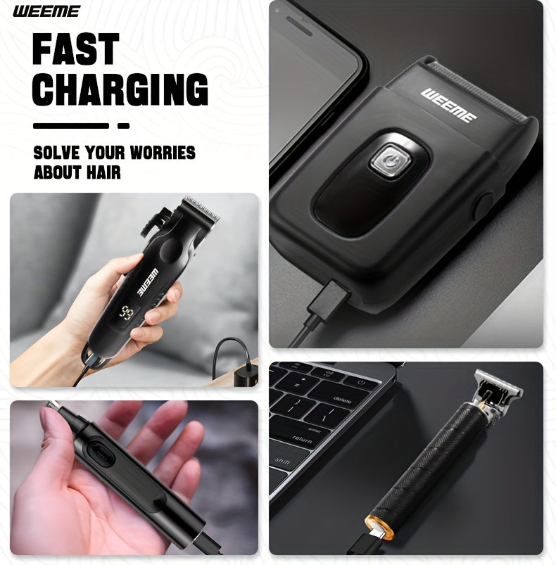 WEEME 4pcs for Man's Grooming Kit Electric Hair Clipper + Beard Trimmer + Shaver + Nose Hair Trimmer, USB Rechargeable with LCD Display | Perfect Gift for Dad, Husband, Boyfriend (Father's Day/Birthday)