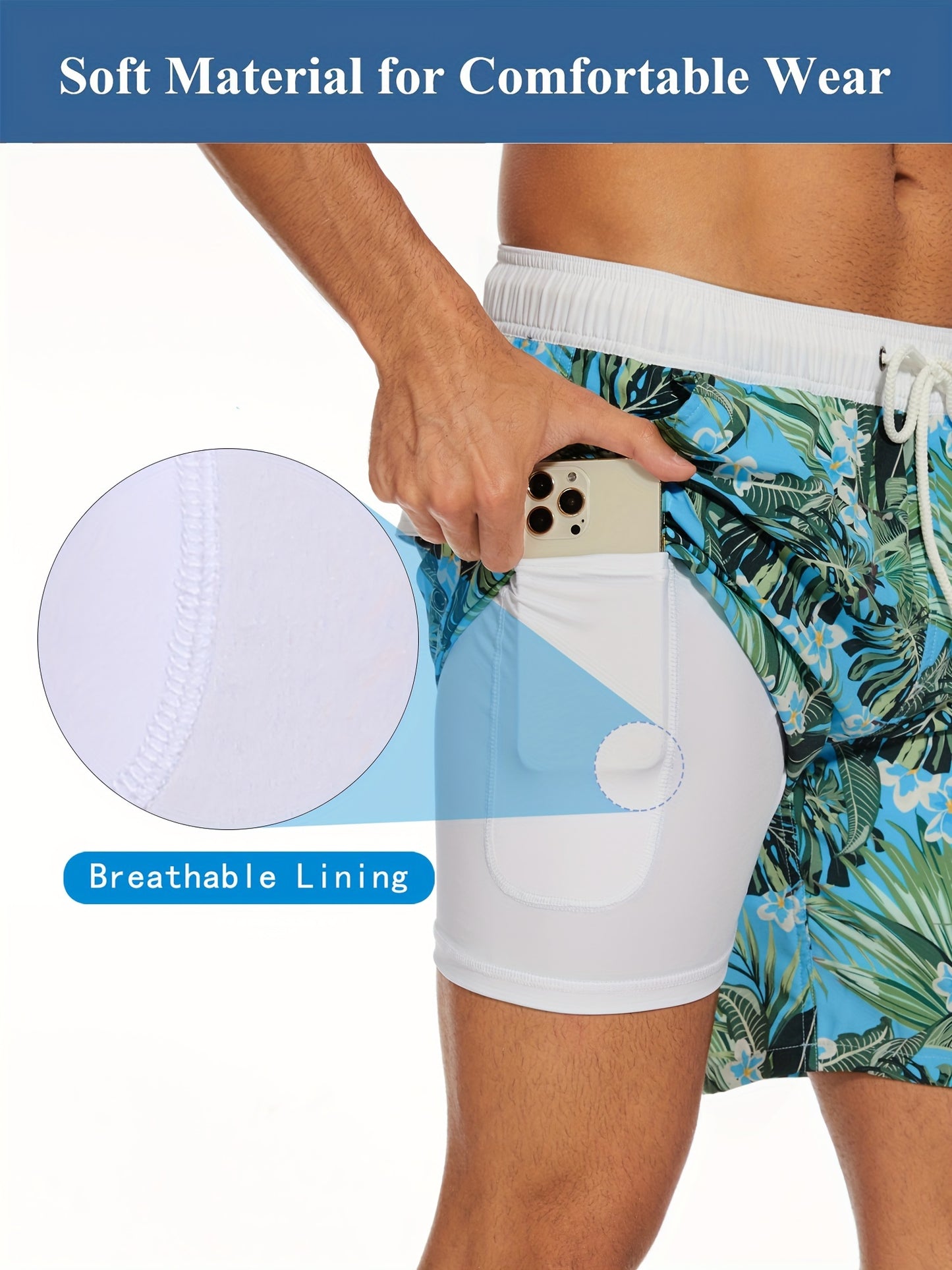 Men's Quick-Dry Beach Shorts with Tropical Palm Tree & Palm Leaf Print - Breathable Stretch Fabric for Summer, Outdoor, Hiking, Swimming - Machine Washable Casual Athletic Shorts, Outdoor Activewear, Summer Shorts