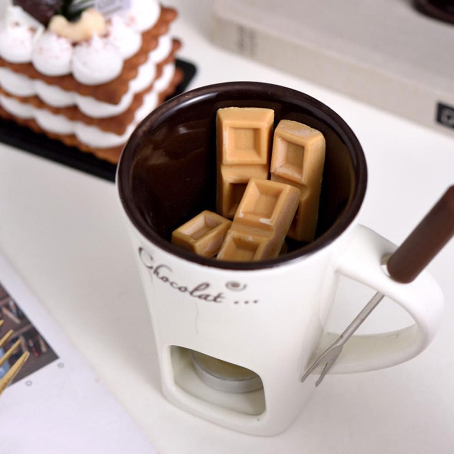 TFS Chocolate Fondue Mug - Ceramic, Reusable, Hand-Wash Only, Multipurpose Hot Chocolate & Fondue Pot with Whisk, Ideal for Cheese, Caramel, Butter, Hot Chocolate Making | Whisked Drinkware | Durable Drinkware