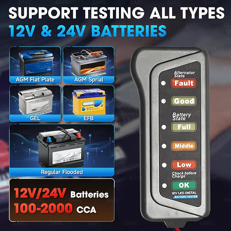 12V Car Motorcycle Battery Tester, Digital Alternator Tester 6 LED Lights Display Car Diagnostic Tool, Auto Battery Tester Auto Repair