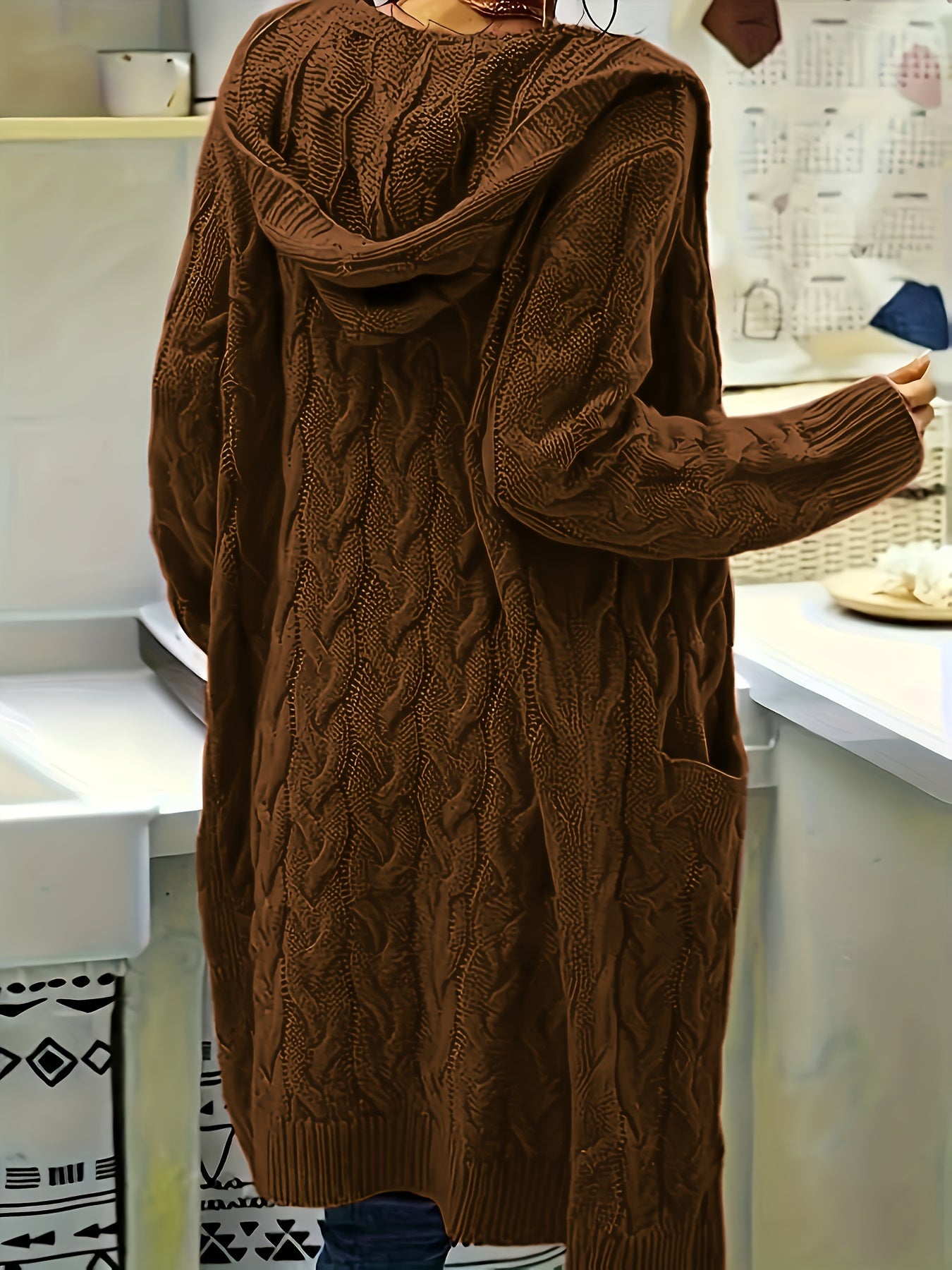 Women's Mid-Length Hooded Cardigan - Soft Stretchy Solid Color Long Sleeve Open Front Sweater with Pockets, Machine Washable Casual Elegance for Fall Winter, Everyday Comfort Wear, Stylish Hooded Design, Comfortable Fit
