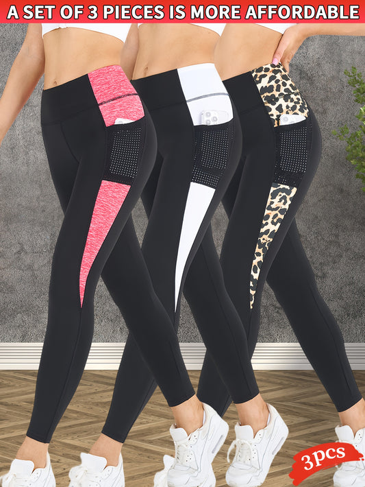 3-Pack Women's Yoga Pants Non-See-Through High-Waisted Workout Leggings - Sweat Absorbent Quick-Dry Yoga Pants with Side Pocket, Stretchy Gym Running Pilates Pants for Women (Black/Gray/Pink Accents - Affordable 3-Pack Deal),