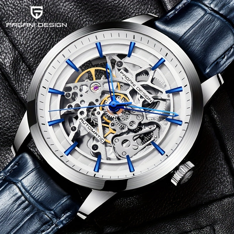 Pagani Design 2023 Men's Automatic Skeleton Watch, Self-Winding, Stainless Steel, Leather Strap, Pointer Series, Water Resistant To 100 Meters Sports Leather Watch
