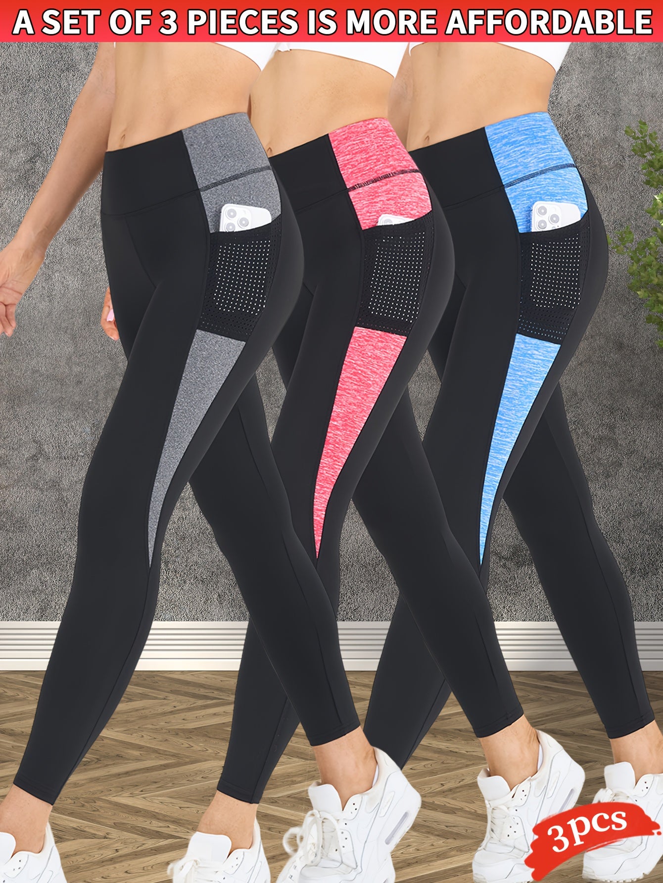 3-Pack Women's Yoga Pants Non-See-Through High-Waisted Workout Leggings - Sweat Absorbent Quick-Dry Yoga Pants with Side Pocket, Stretchy Gym Running Pilates Pants for Women (Black/Gray/Pink Accents - Affordable 3-Pack Deal),