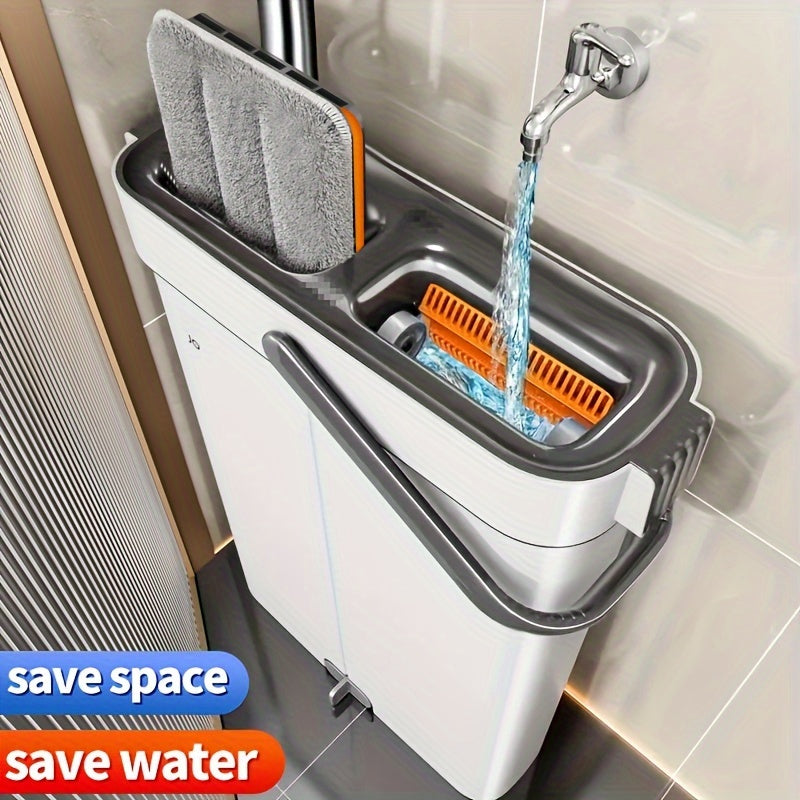 Gray Flat Mop + Narrow Slot Cleaning Bucket Set, Hand-free Lazy Mop Mover, Wet And Dry One Mop Cleaner, Household Cleaning Tool, Send Replacement Cloth, Suitable for Living Room, Bedroom, Kitchen, Bathroom, Toilet, Commercial