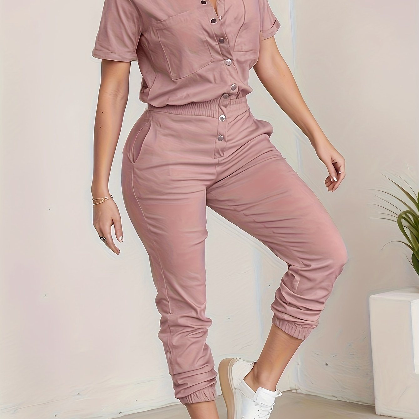 Women'S Casual V-Neck Jumpsuit with Button Detail - Short Sleeve, Elastic Waist, Pockets, Solid Color, All-Season Wear, Regular Fit, Perfect for Outings, Casual Attire|Vneck Jumpsuit| Fabric