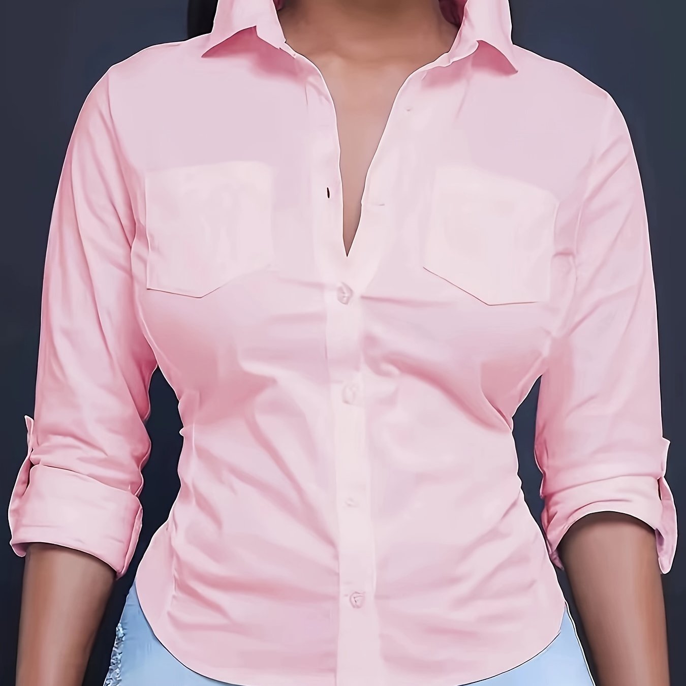 Solid Color Button Front Shirt, Casual Long Sleeve Pocket Shirt For Spring & Fall, Women's Clothing