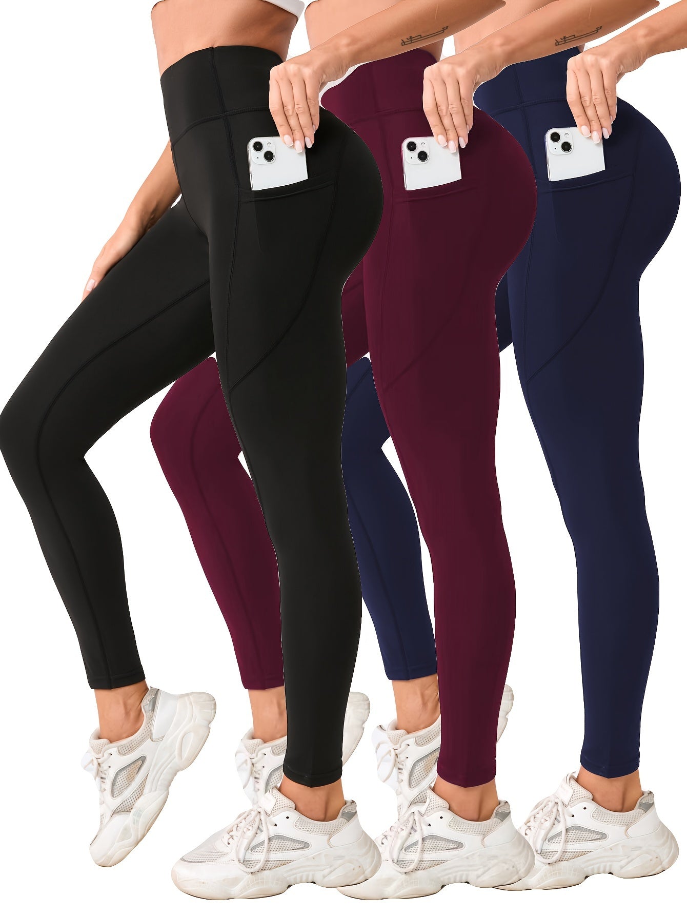 3pcs High-Waist Yoga Leggings with Pockets - Tummy Control, Slimming Effect, Stretchy & Breathable Fabric, Black/Brown/Gray, Perfect for Yoga & Casual Attire