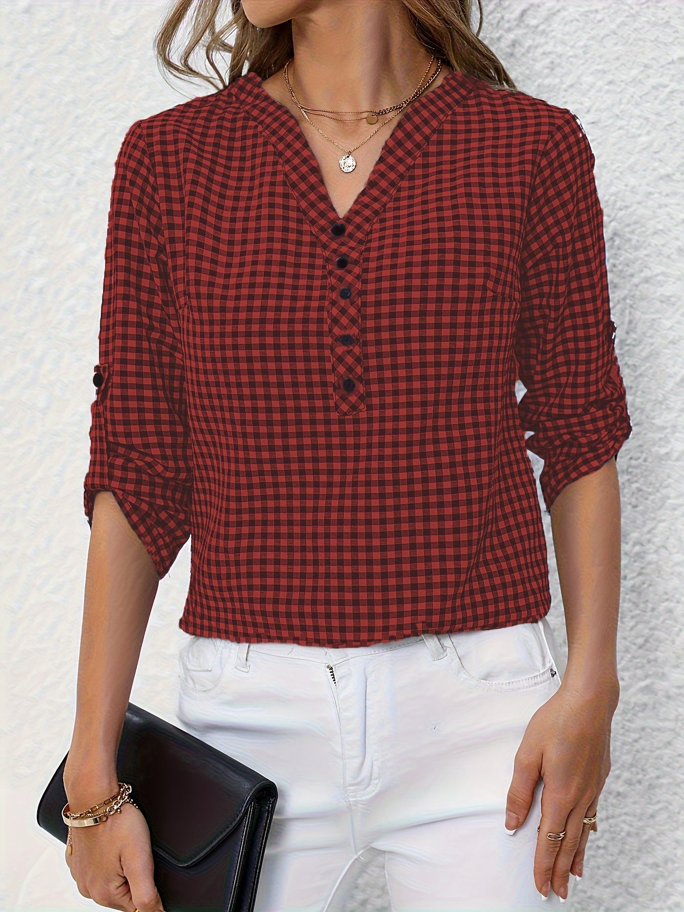 Plaid Print Button Notched Neck Blouse, Casual Rolled Sleeve Blouse For Spring, Women's Clothing