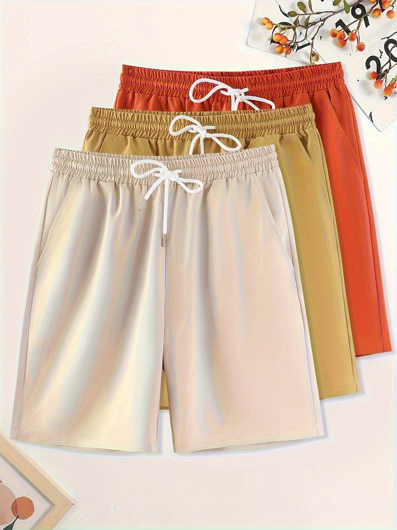 3pcs Men'S Plus Size Casual Shorts Set - White with Black Spider Web Print, Drawstring Waist, Non-Stretch Fabric, Perfect for Beach or Sports, Beach Shorts | Sporty Style | Woven Texture