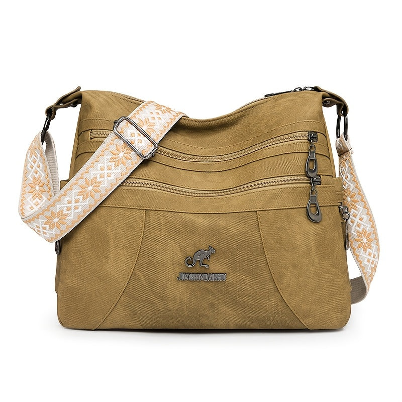 Women'S Retro Bohemian Crossbody Bag with Adjustable Strap - Solid Color Olive Green Tote Handbag, Large Capacity for Everyday Use, Golden-Tone Hardware & Zipper Closure, Purse Crossbody