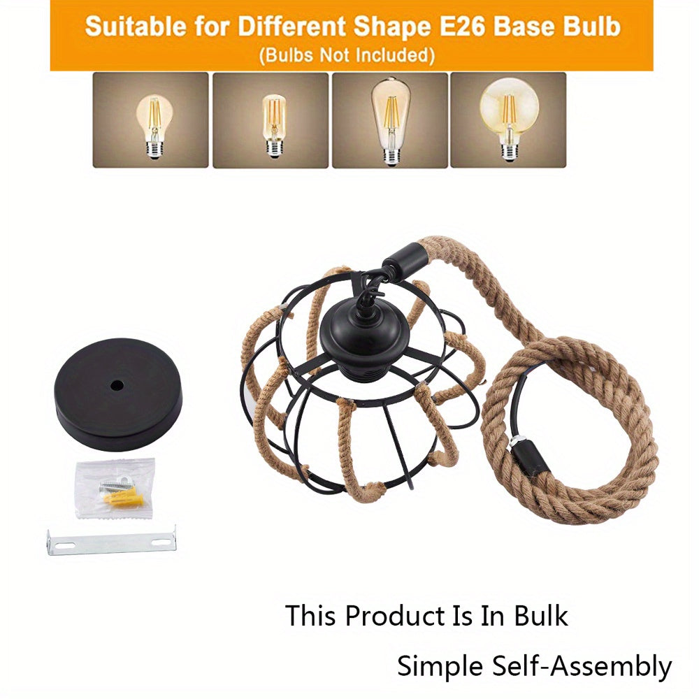 1pc Hemp Rope Chandelier, Industrial Black Metal Cage Shade Hemp Rope Hanging Lamp, Adjustable E26 Chandelier Lighting Kit For Cafe Kitchen Living Room Warehouse Bar (Not Include Bulb)