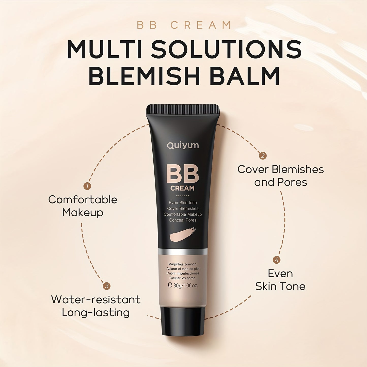 Quiyum BB Cream, Waterproof Long Lasting Pores Concealer, Brighten Skin Tone, Cover Blemishes Make Up Foundation 30g