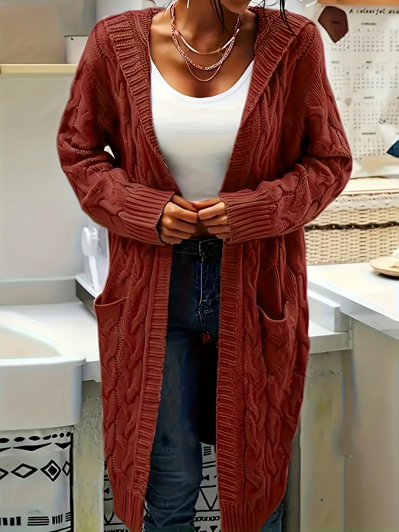 Women's Mid-Length Hooded Cardigan - Soft Stretchy Solid Color Long Sleeve Open Front Sweater with Pockets, Machine Washable Casual Elegance for Fall Winter, Everyday Comfort Wear, Stylish Hooded Design, Comfortable Fit