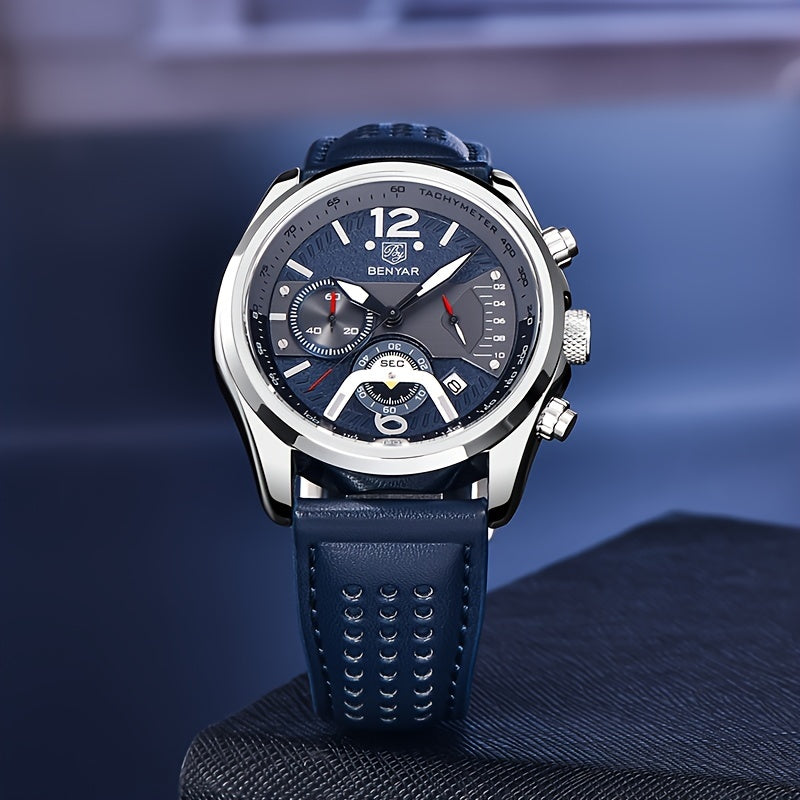 BENYAR Men's Luminous Quartz Watch - 42mm, Chronograph & Analog Display, Sporty Business Casual Design with Faux Leather Strap