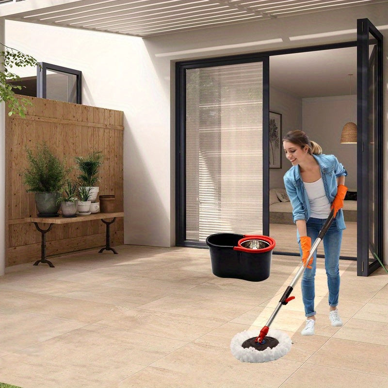 Spin mop and bucket, 360° spin mop, dust removal tool integrated soak and rinse function, with 2 microfiber mop heads, hands-free wash mop, retractable stainless steel handle, for floor cleaning, cleaning supplies