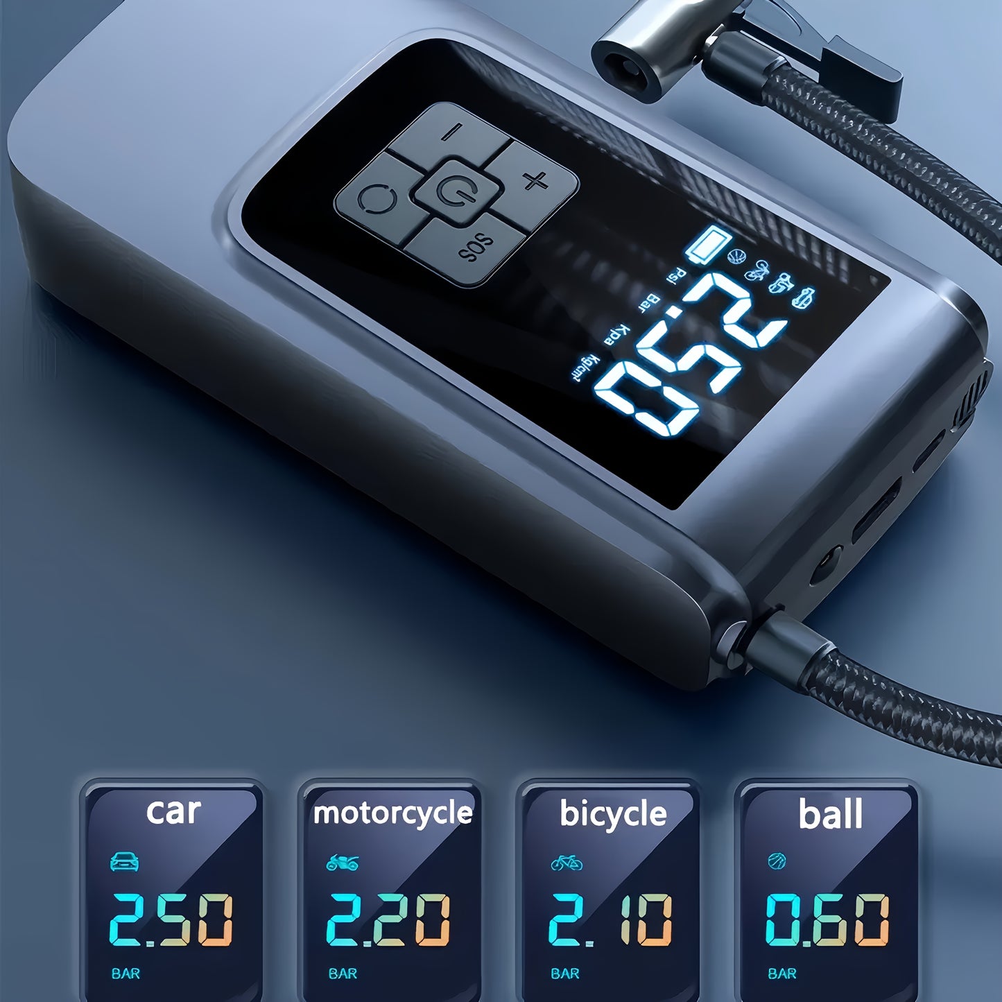 Portable Tire Inflator Air Compressor with Pressure Gauge - 150PSI Electric Pump with LED Flash Screen, 2000mAh Rechargeable Lithium Battery, USB Charging, for Cars, Motorcycles, Bicycles, Balls