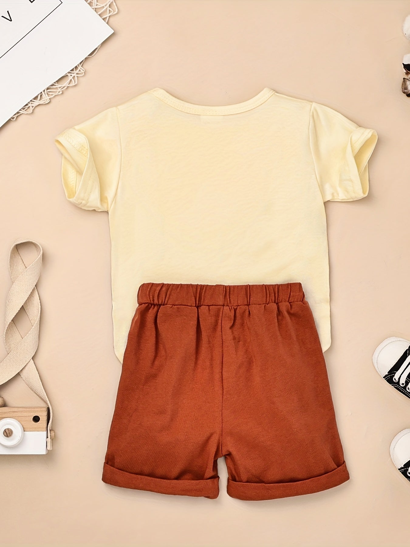 2pcs Baby Boys Summer Outfit Set - Cotton & Polyester Crew Neck T-Shirt with Stripes & Patch Detail, Short Sleeve, Drop Shoulder, Knit Fabric, with Matching Shorts with Belt & Fake Drawstring - Regular Fit, for Outdoor